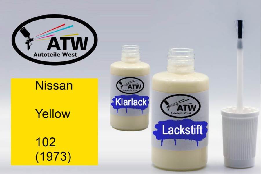 Nissan, Yellow, 102 (1973): 20ml Lackstift + 20ml Klarlack - Set, von ATW Autoteile West.